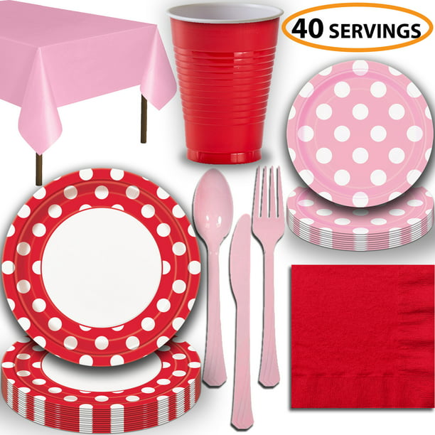 Dots Red Party Supplies Plates Napkins Cups Tablecover Straws Balloons